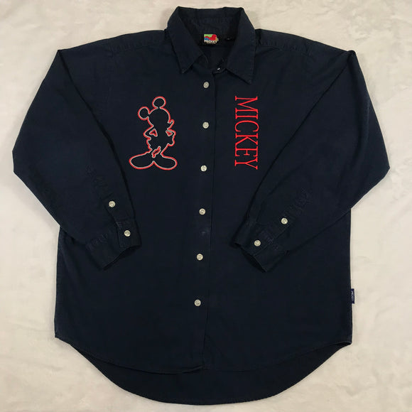 Mickey Navy Blue Button Down Shirt Red Embroidery Medium